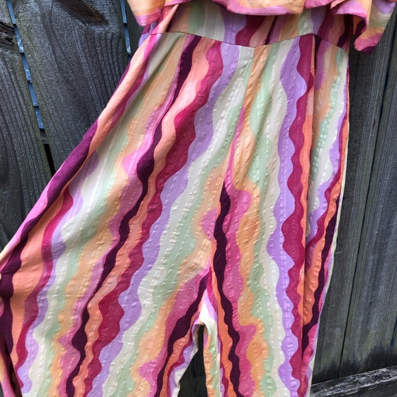 Ollari Anthropologie Wavy Striped Jumpsuit Size L Multicolor Ruffle 100% Cotton - Picture 10 of 15